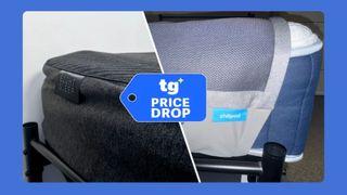 Black Eight Sleep Pod on bed (left) vs Chilipad on navy mattress (right) with inset of Tom's Guide Price Drop in middle