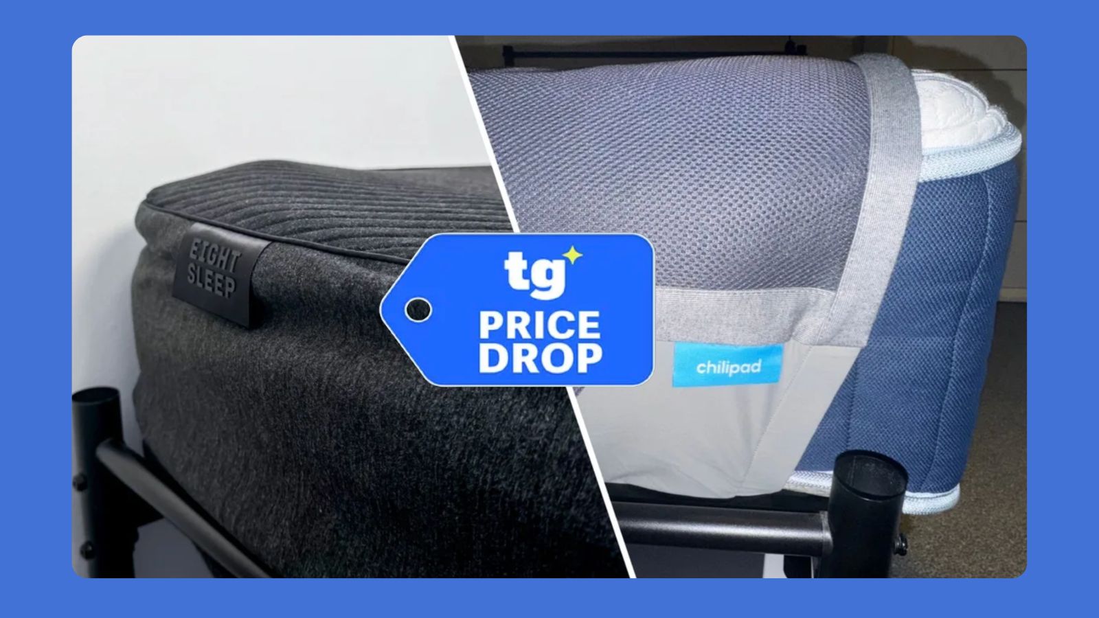 Black Eight Sleep Pod on bed (left) vs Chilipad on navy mattress (right) with inset of Tom's Guide Price Drop in middle