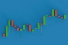 candlestick chart with green and red bars and wicks forming an upward pattern on a blue studio background.