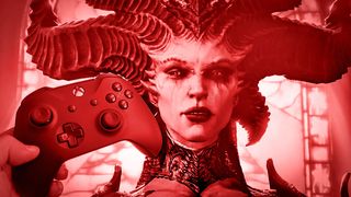 Xbox One controller in front of Lilith from Diablo 4. 