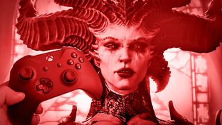 Xbox One controller in front of Lilith from Diablo 4.