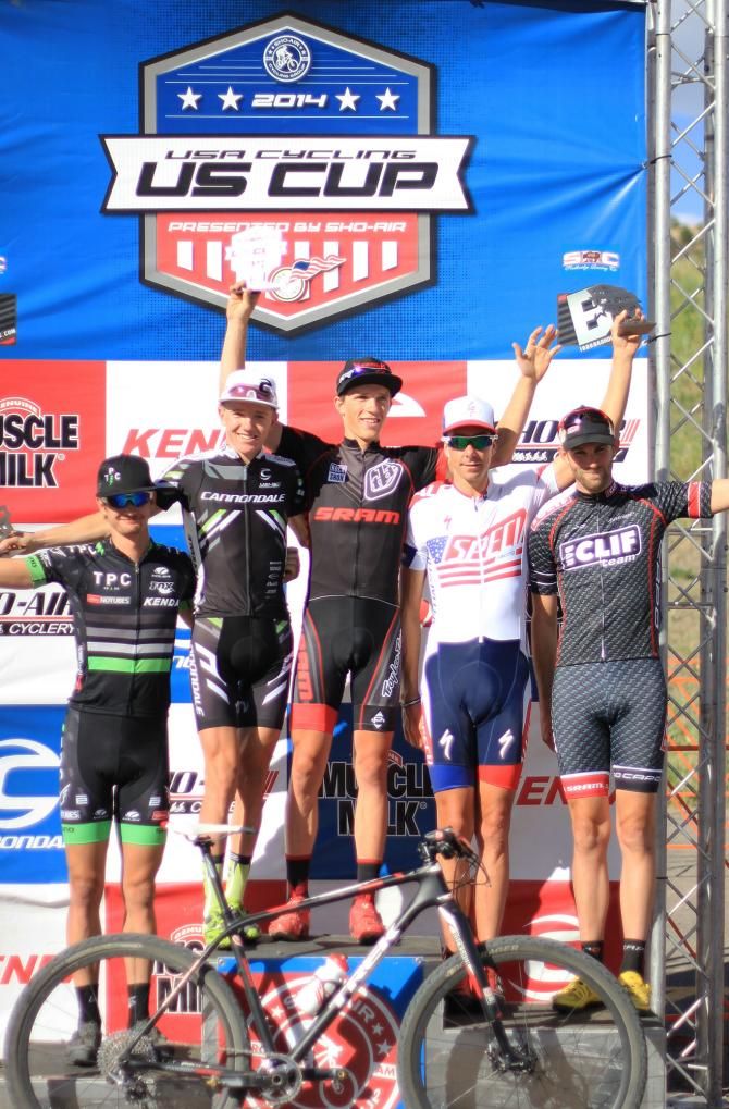 The elite men's podium for the short track cross country race in Colorado Springs, round 4 of the USA Cycling US Cup Series presented by Sho-Air Cycling Group.