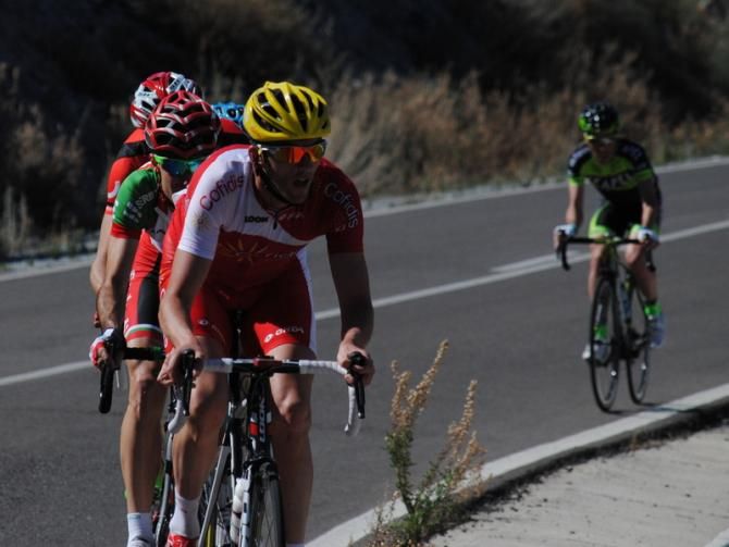 Cammaerts (Cofidis) leads through a climb a teared up, soon to be caught breakaway.