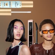 two women wearing waterproof makeup on a brown background