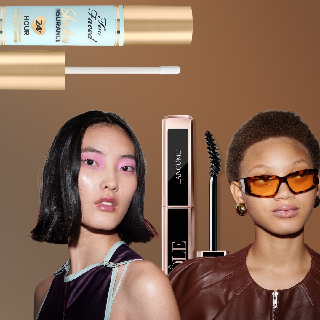 two women wearing waterproof makeup on a brown background