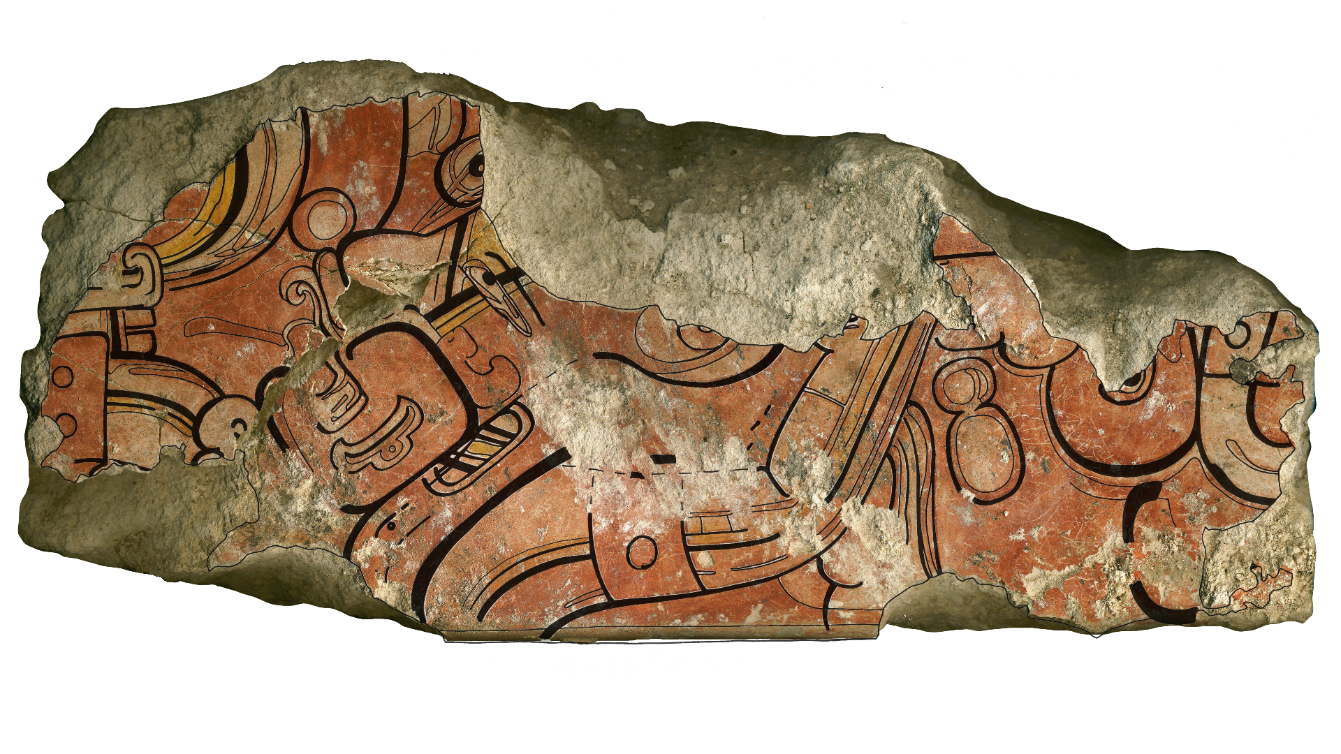Mural fragments on masonry blocks associated with the structure of the Ixbalamque Mountains. A wall fragment block from the Ixbalamque structure, Sub V architectural phase (300–200 BC), fragment #6368, depicting the image of the Maya corn god of the late Preclassic period.