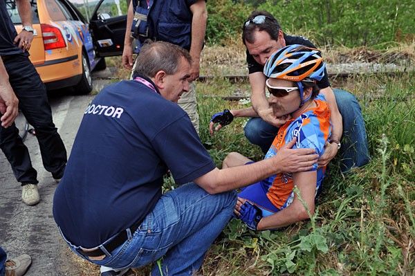David Zabriskie crashed hard and had to abandon the race.