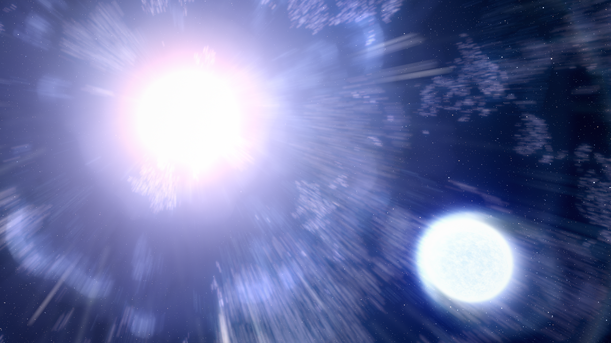 An artist&#039;s depiction of a supernova blasting a companion star, seen in the lower right.