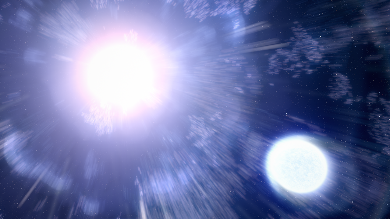 A representação de um artista de uma supernova explodindo uma estrela companheira, vista no canto inferior direito.
