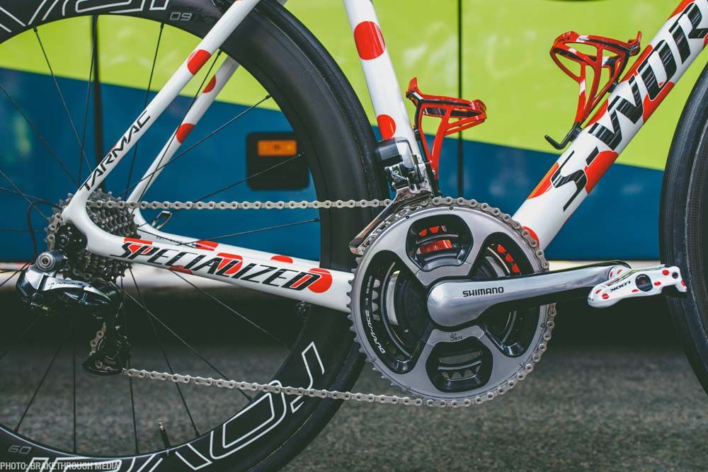A close-up of the Shimano crankset