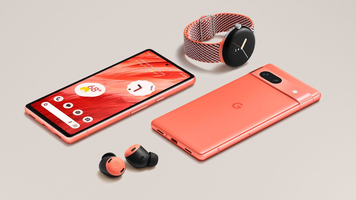 An official render of the Google Pixel 7a with the Pixel Watch and Pixel Buds