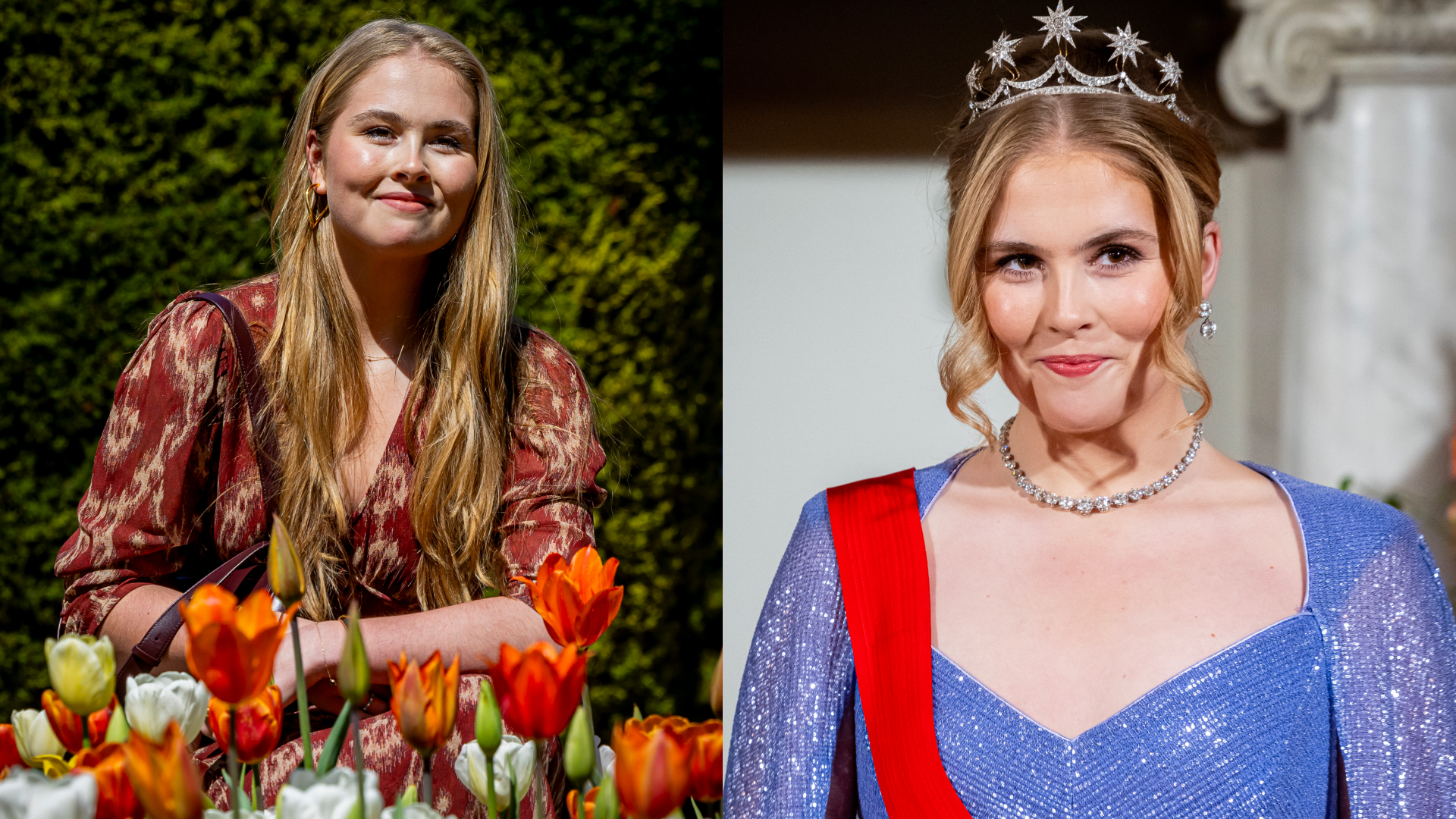 Princess Catharina-Amalia in a red dress posing in front of tulips next to a photo of her in a blue gown and tiara