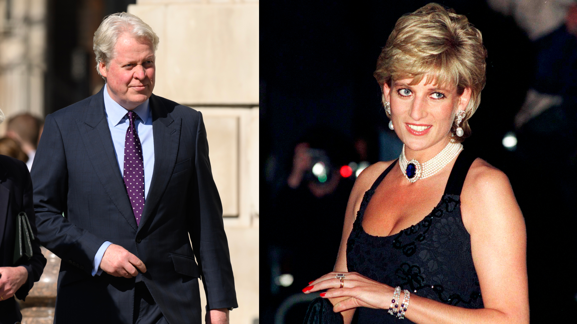 Earl Spencer wearing a suit next to a photo of Princess Diana in a dress and sleeveless pearls