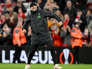 Liverpool manager Jurgen Klopp celebrates after the Reds' win over Sparta Prague in the Europa League in March 2024.