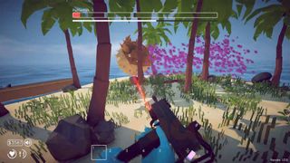 How to Fish player reloading SMG while the pufferfish rolls through trees and spews purple clouds