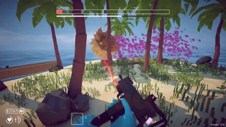 How to Fish player reloading SMG while the pufferfish rolls through trees and spews purple clouds