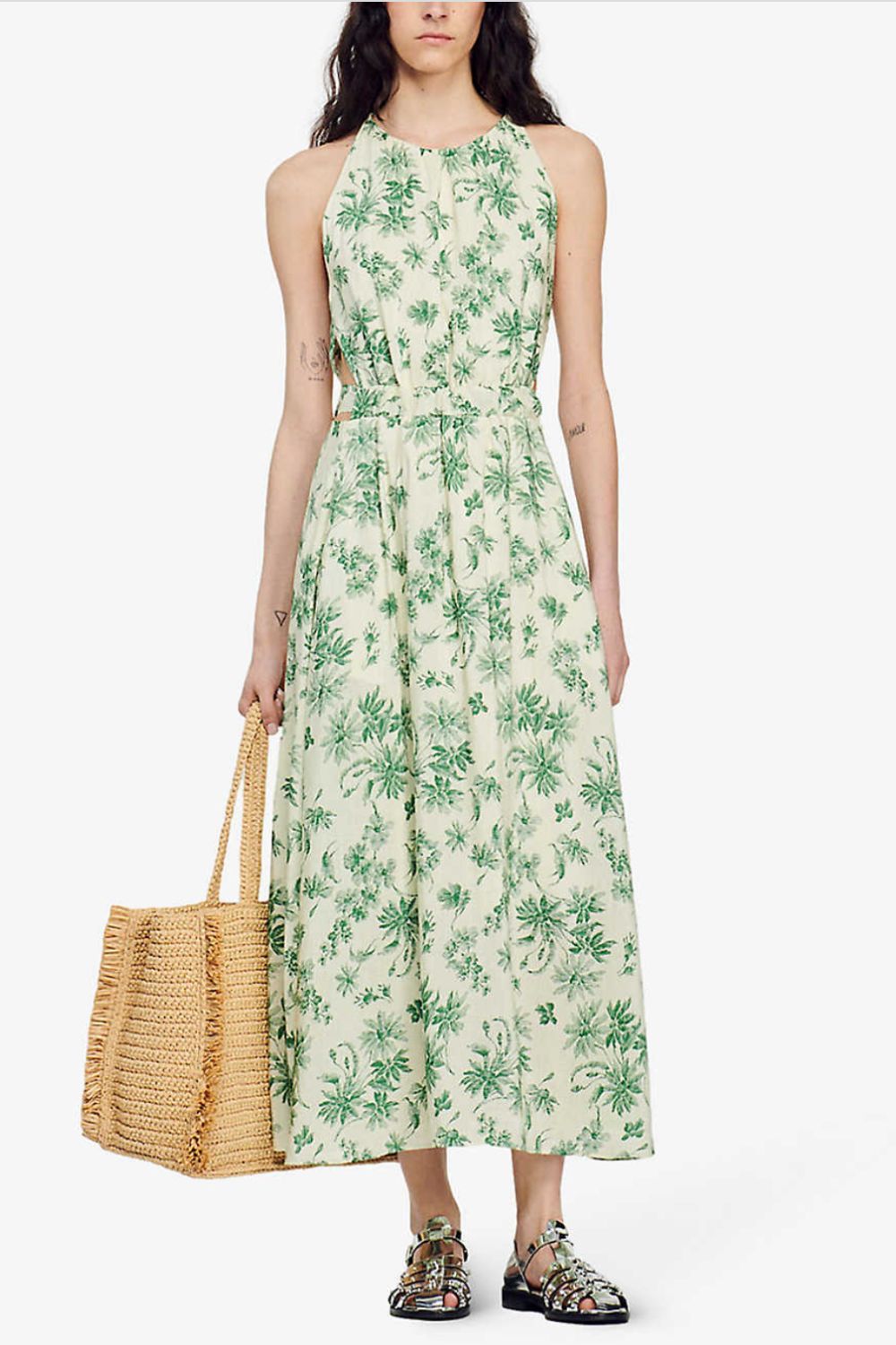 Sandro Annecy floral-print linen-blend midi dress