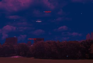 This sky map shows the locations of Jupiter, Mars and Mercury just before dawn on Aug. 5, 2013 as seen from mid-northern latitudes.