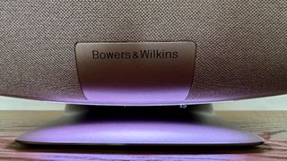 A close up of the Bowers & Wilkins Zeppelin Pro Edition wireless speaker and the B&W logo