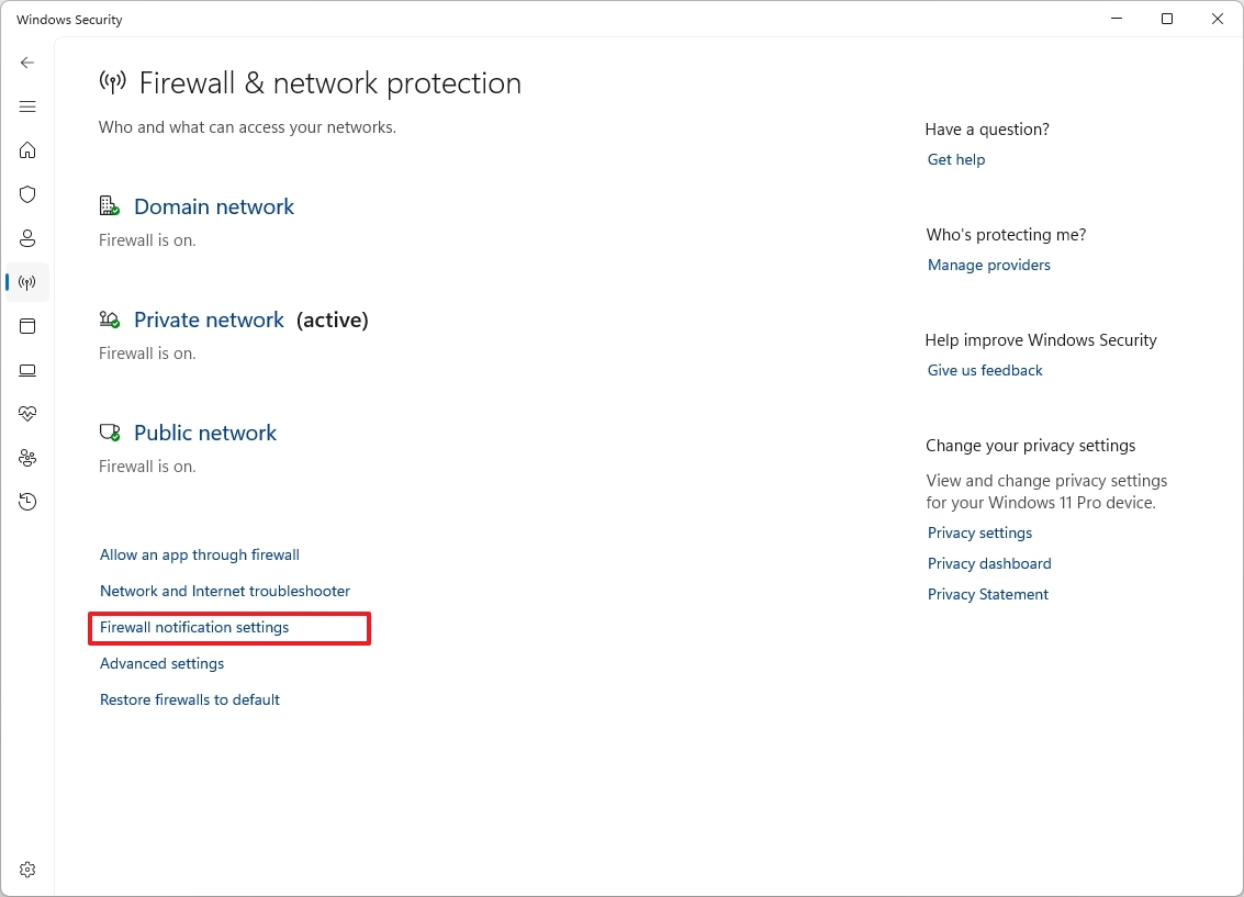 Firewall notification settings