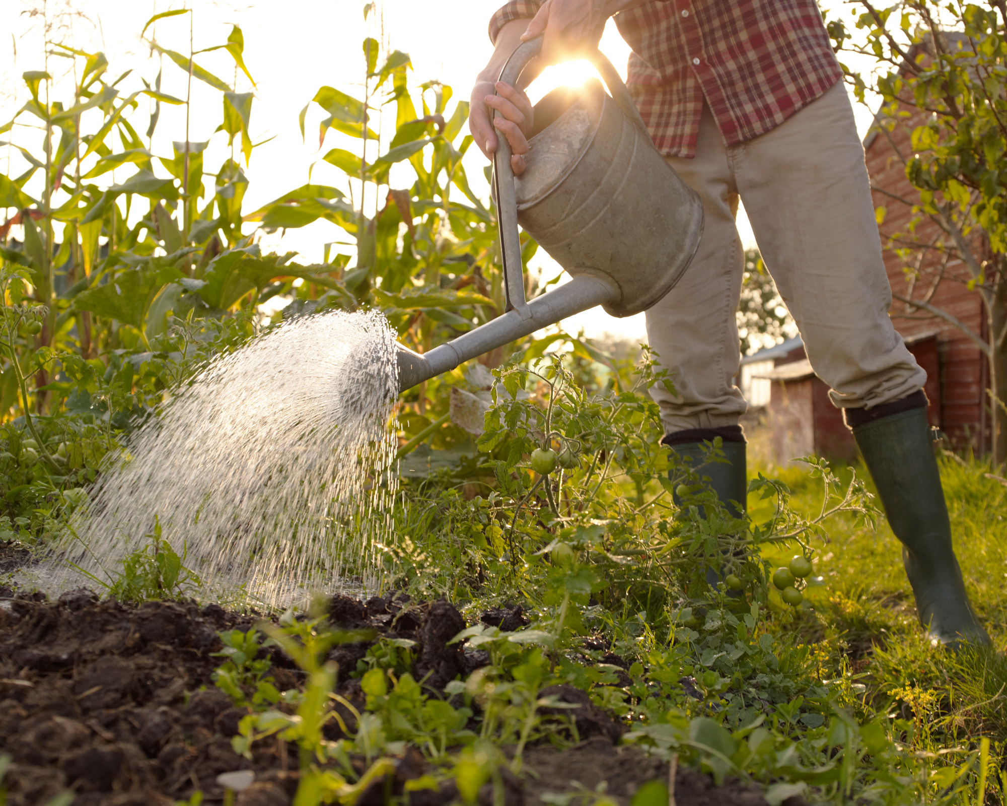 Gardener watering vegetable garden