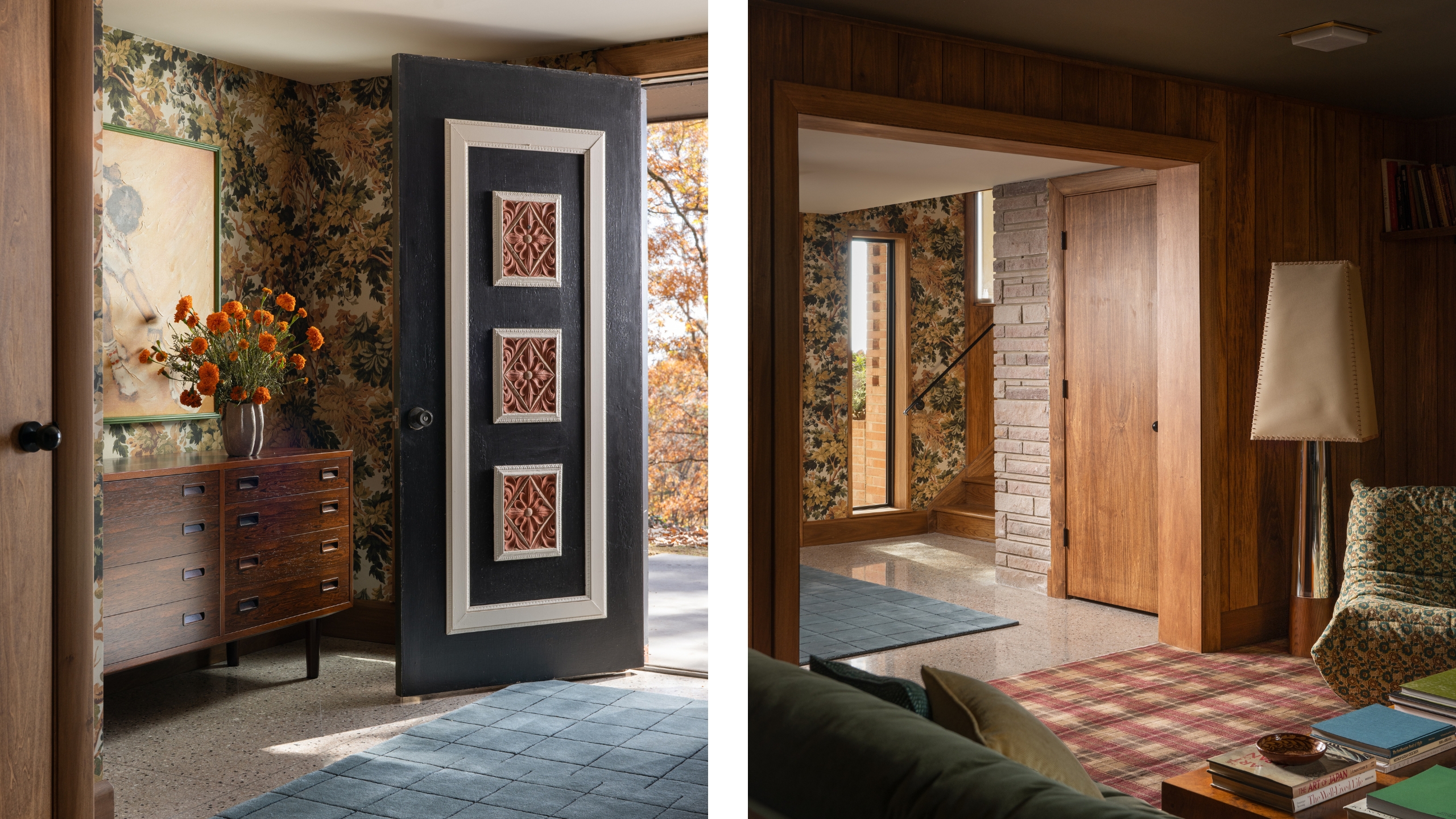 the entryway to a mid-century home with botanical wallpaper, original terrazzo floors, and a vintage shoe cabinet