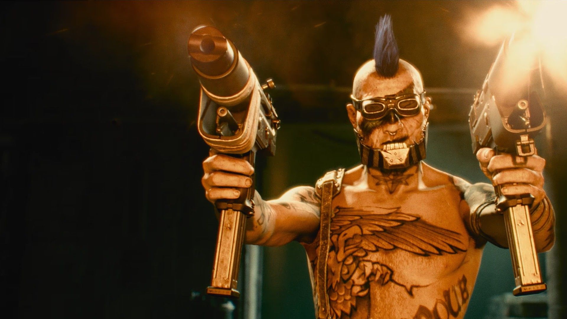 A hive scum with a mohawk, goggles, tatttoos, and a metal chinstrap holds two automatic weapons