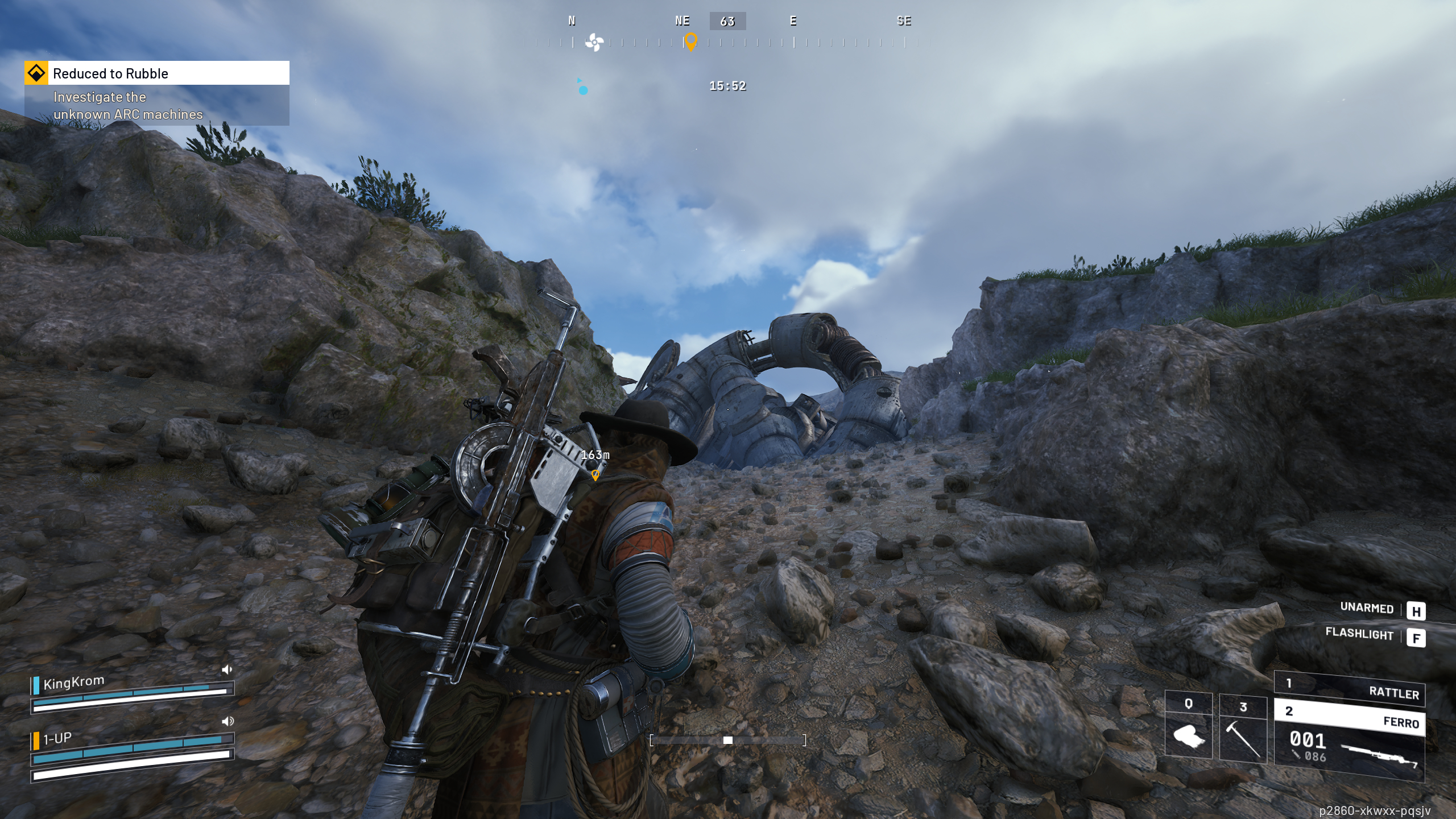 Arc Raiders Reduced to Rubble: A player walking towards a scrap metal ring at the top of a rocky hillside.