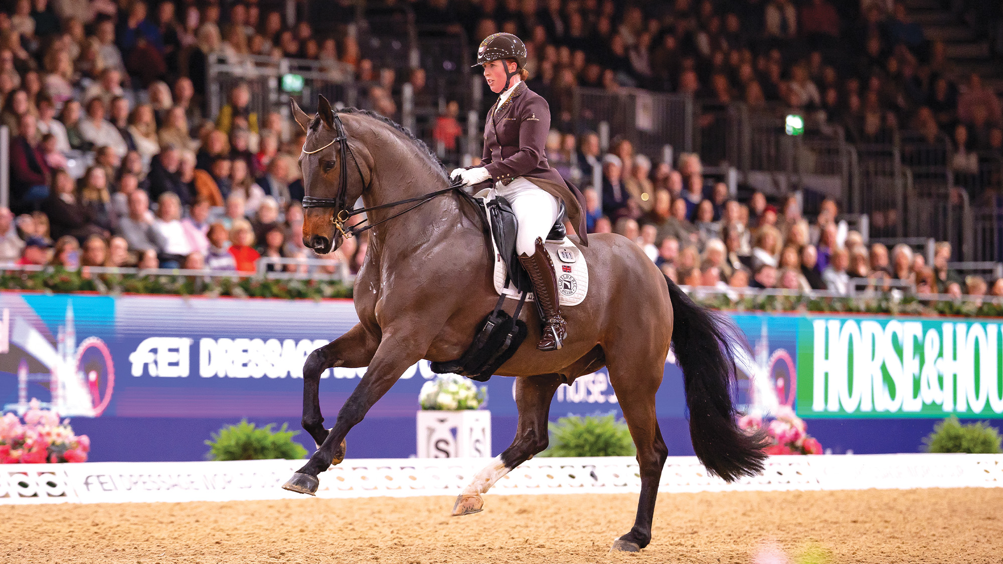 Becky Moody riding Jagerbomb in the Freestyle at London International Horse Show after he lost a shoe in the warm-up