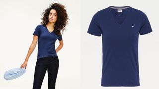 Model wears slim fit blue v-neck t-shirt