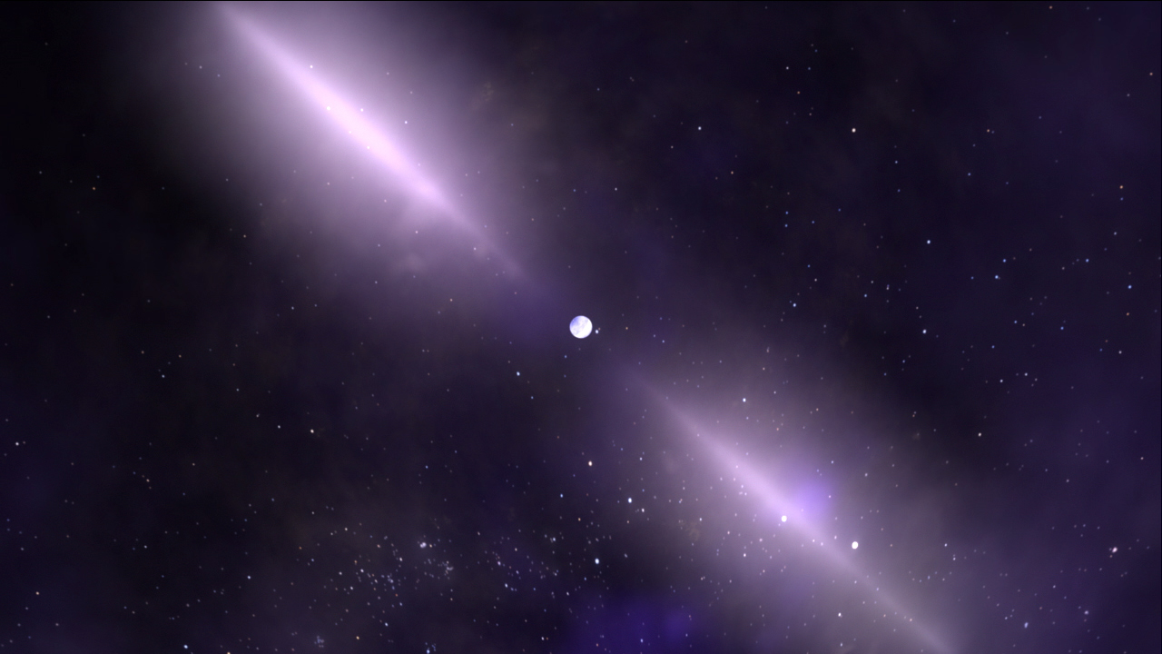 a white dot in space with two white jets of material shooting out of it