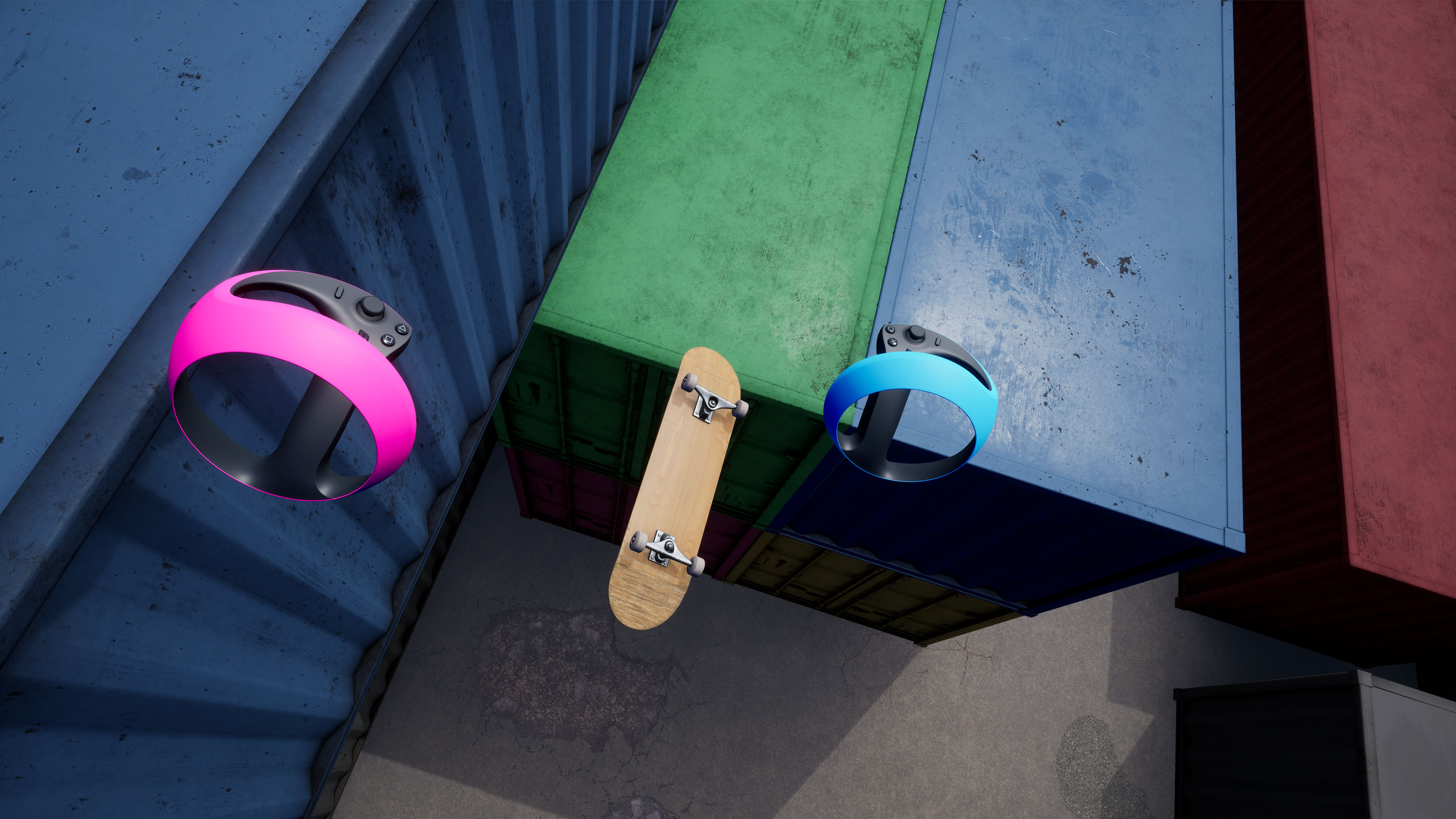 A screenshot from the game VR Skater showing a skateboard jumping over some metal containers and the VR controllers