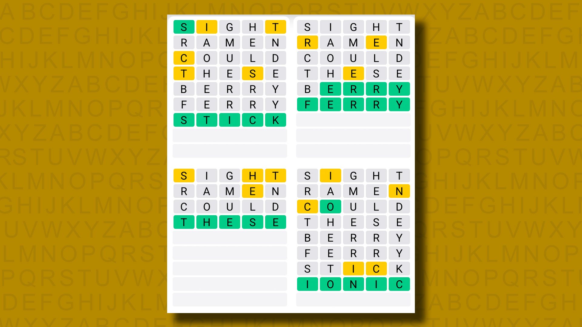 Quordle answers for game 1237 on a yellow background