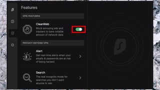 Surfshark's Windows settings box with the CleanWeb option highlighted