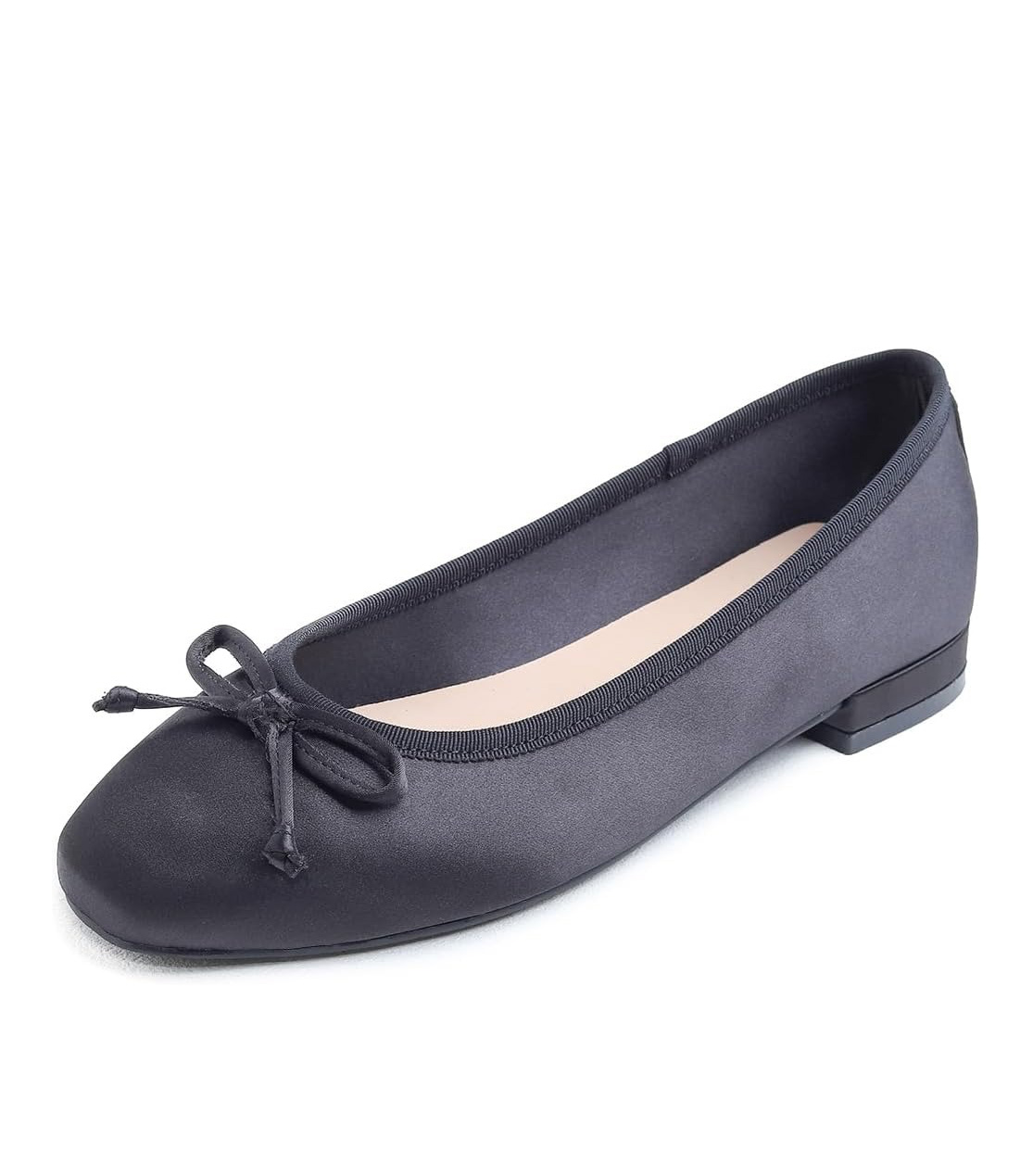Feversole Women's Square Toe Low Heel Flats Silky Soft Elegant Shiny Dress Pump Shoes Black Satin Size 8.5 M Us