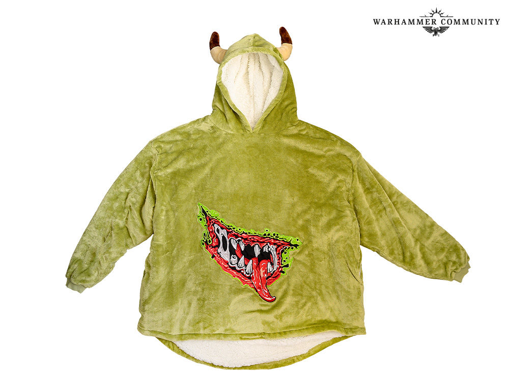 An oversized blanket hoodie styled after a Warhammer Great Unclean One.