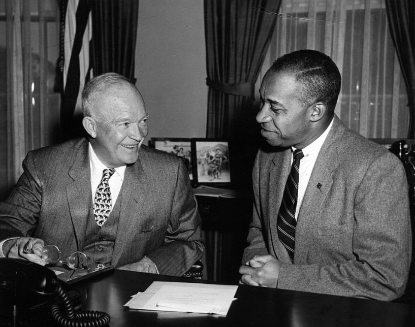 President Dwight Eisenhower with E. Frederic Morrow, the Administrative Officer for Special Projects from 1955 to 1961. Morrow was the first first African-American to serve in an executive position in the White House.