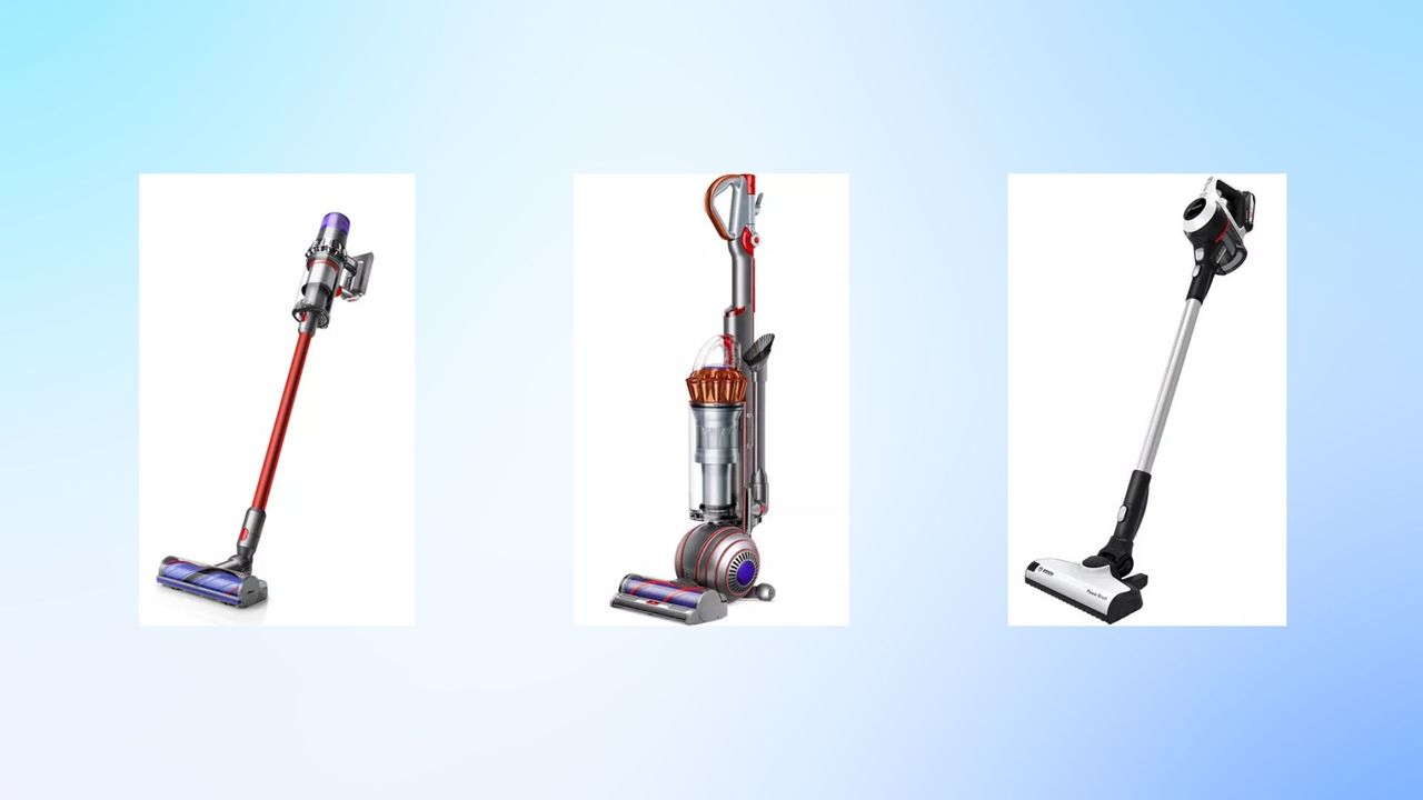 The Dyson V8, Dyson Ball Animal 2, and Bosch 6 vacuum on a blue gradient background