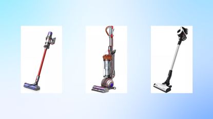 The Dyson V8, Dyson Ball Animal 2, and Bosch 6 vacuum on a blue gradient background