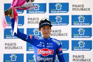 Jasper Philipsen on the podium at Paris-Roubaix 2023