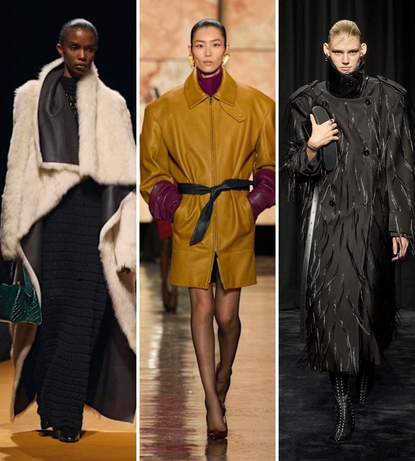 models wearing statement coats at khaite, saint laurent and jil sander aw25
