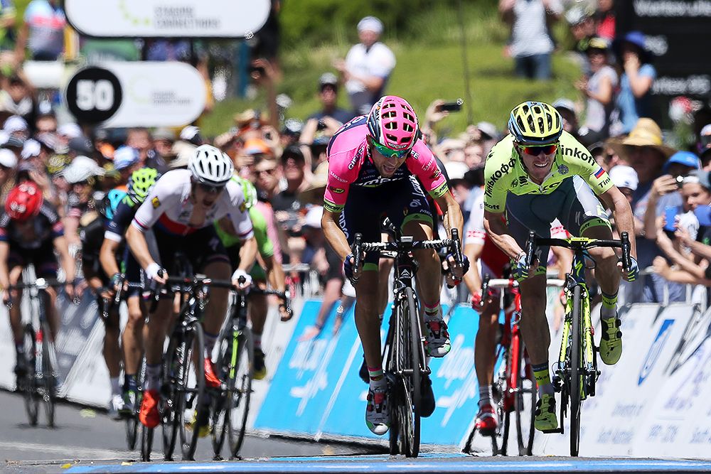 Jay McCarthy beats Diego Ulissi to the line during stage 2.