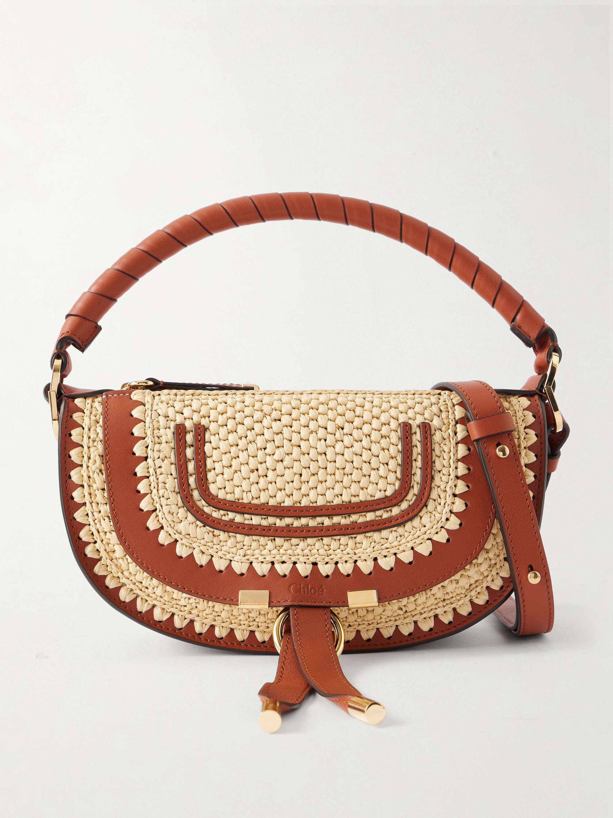 Marcie Leather-Trimmed Raffia Shoulder Bag