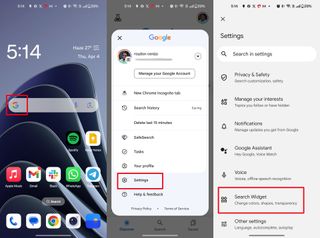 Screenshots showing Google Search widget settings