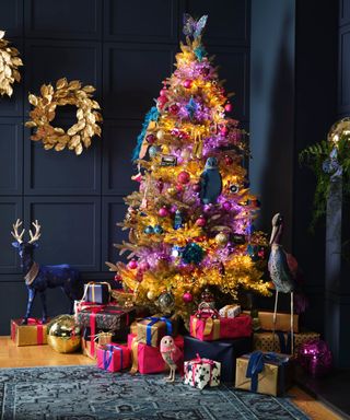 gold Christmas tree and wreath, purple lights