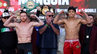 Canelo (L) and Munguia (R) in their trunks at the weigh in