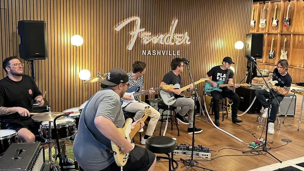 A number of guitarists jam at Fender&#039;s new Nashville HQ