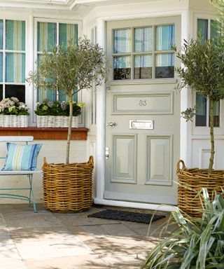 Wicker planters with small olive trees either side of a pale green-gray front door, with blue and green striped blinds and cushions.