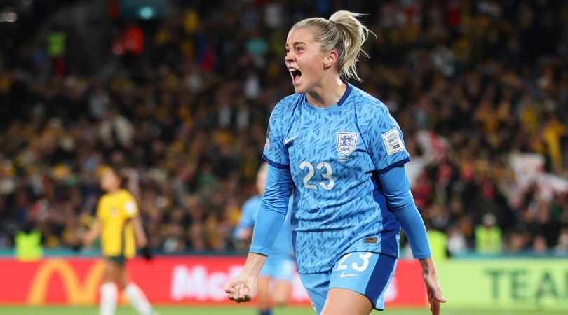 Alessia Russo of England celebrates after scoring her team&#039;s third goal during the FIFA Women&#039;s World Cup Australia &amp; New Zealand 2023 Semi Final match between Australia and England at Stadium Australia on August 16, 2023 in Sydney, Australia. (Photo by Alex Pantling - FIFA/FIFA via Getty Images)