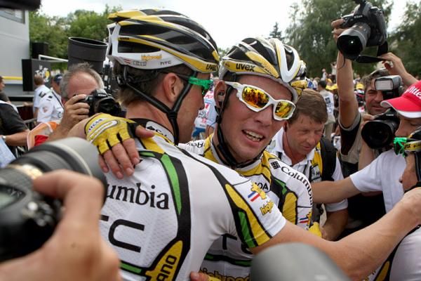 Mark Cavendish celebrates his fourth stage win with his Team Columbia-HTC teammates.